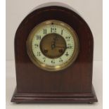 Early mahogany 20th Century mantel clock inlaid with Arabic numerals.