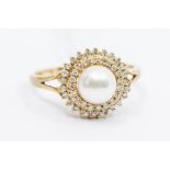 A pearl and diamond and 9ct gold ring, comprising a central round cultured pearl within a double