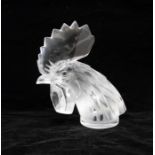 A Lalique mascot figure of a Cockerel's head, in frosted and clear glass, signed to the underside of