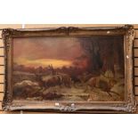 Large 19th century oil on canvas of Wolves chasing deer from forest at sunset. German School,