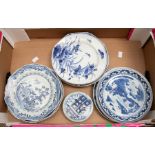 A collection of 18/19th Century Chinese export blue and white ware to include: three soup plates,