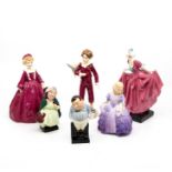 Collection of Royal Doulton and Worcester figures i.e Fat Boy Sairey Gamp Rose, Parakeet etc.