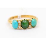 A Victorian turquoise and diamond 18ct gold ring, set with three oval turquoise set with small