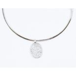 A diamond and 18ct white gold pendant, comprising an oval open work form, with scroll details of