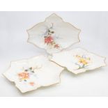 A set of three late 19th Century Century Royal Crown Derby Osmaston Road leaf shaped plates, two