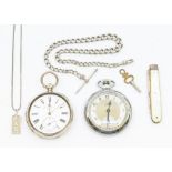 A silver open faced pocket watch by H Samuel, white enamel dial, Roman numerals and subsidiary dial,