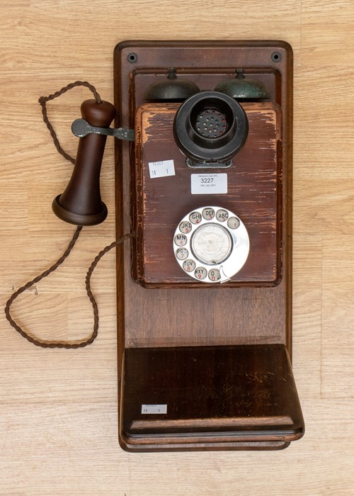 Vintage wooden wall mounted telephone early 20th century, G.P.O no. 4 C26234.