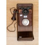 Vintage wooden wall mounted telephone early 20th century, G.P.O no. 4 C26234.