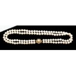 A pearl double strand necklace, comprising white cultured pearls, strung knotted on a 9ct gold clasp