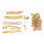 A collection of 9ct gold chains and bracelets, to include eight chains various styles, lengths and