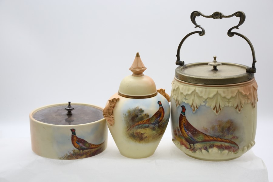 A group of Locke & Co Worcester blush ivory to include: biscuit barrel with Electo Plated collar,