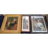 Large gilt gesso frame with print of Victorian girl and dog along with another print of a lady and