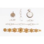 A Continental silver pocket watch, gilt metal filigree bracelet, pendant and a "Platino" pendant,