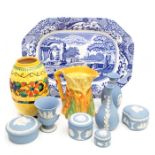 A collection of Wedgwood blue jasperware to include: two posy vase, campana shaped small vase,