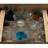 A collection of moulded and cut glass to include: butter dish, apothecary bottles, wine glasses,