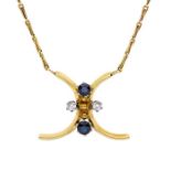 A sapphire and diamond 18ct gold pendant/necklace, comprising a cross like curve of 18ct gold set