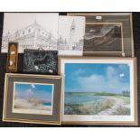 Collection of signed prints and watercolours of Coastal scenes, framed and signed.