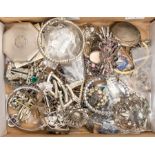 A collection of white metal costume jewellery to include paste set brooches, clips, bracelets,