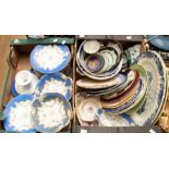 19th century blue ground dinner wares including plates, coal ports, along with meat plates, cups,