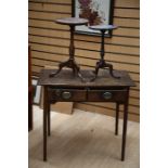 A George III oak two drawer side table, together with two small 20th Century wine tables (3)