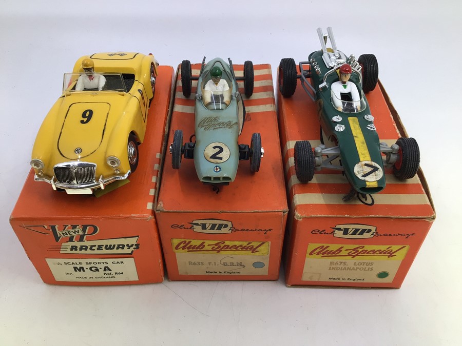 VIP Raceways: A collection of three boxed VIP Raceways vehicles to comprise: MGA, R64, #9, yellow