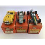 VIP Raceways: A collection of three boxed VIP Raceways vehicles to comprise: MGA, R64, #9, yellow