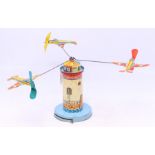 Tinplate: A tinplate lighthouse, with three spinning plates, pull back operation, working order,