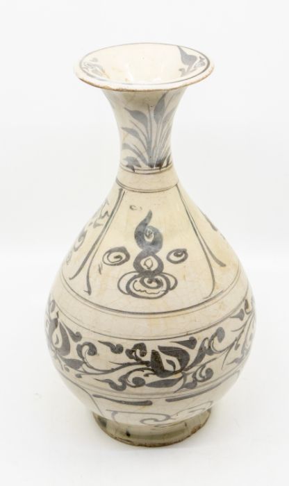 A porcelain Yuhuchunping vase, painted in underglaze red, oxidized grey with foliage, approx 29cm