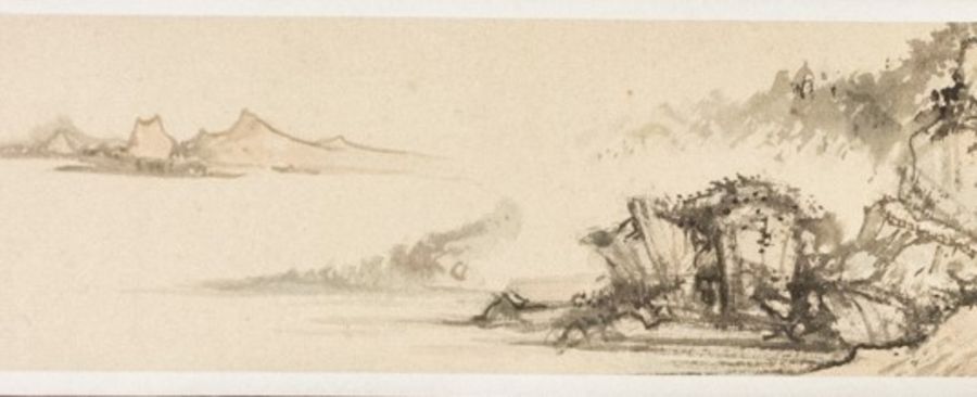 Peng Ximing (1908-2002), Retreats and boats in a mountainous river landscape, handscroll, ink and