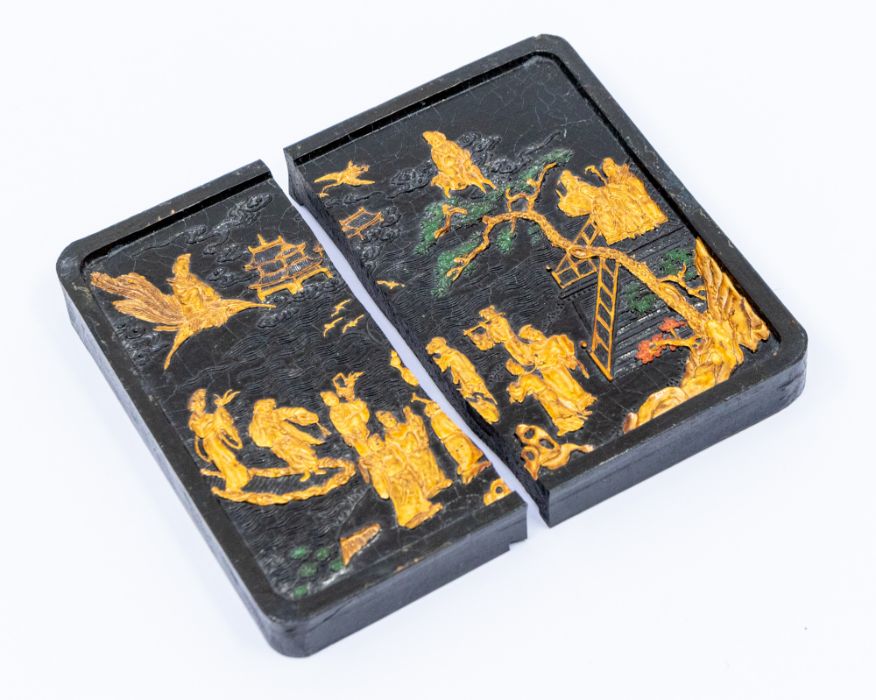 A large Chinese square black, gilt and coloured ink cake, the upper surface moulded with Shoulao and - Image 3 of 3