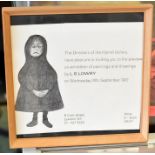A small framed invitation to 'preview an exhibition of paintings and drawings by L S Lowry on