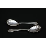 A matched pair of George Jensen large silver 'Rose' pattern spoons. Both have George Jensen