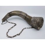 A substantial late 19th century Russian silver mounted drinking horn, by Roman Artistarkhov, Moscow,