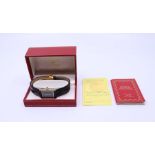 A Must de Cartier silver gilt lady's watch with black dial, lather stamp in box with papers