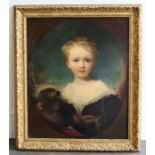 Oil 18th century portrait of a boy with dog by George Henry Harlow (British, 1787-1819). 61 x