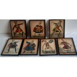 Seven 19th cent hand coloured prints depicting characters in Jack Sheppard housed in original