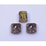 A pair of Japanese Meiji period buttons and a Japanese netsuke or toglle inlaid with insects