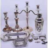 A collection of costume jewellery and silver plated items including a silver bowl and a pair of