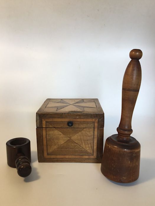 Treen: a screw type nutcracker, a Victorian kitchen pounder/masher and a decorative box with
