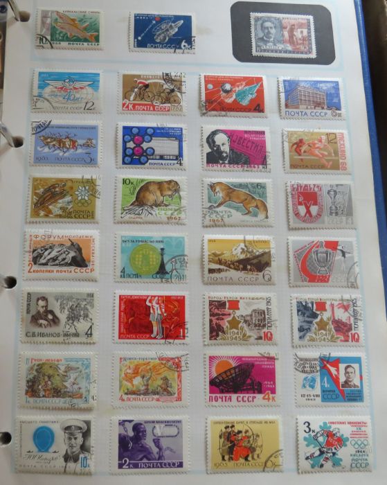 Many hundreds of stamps in home-made albums, mainly more modern FU worldwide. In one box