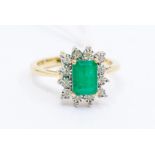 An emerald and diamond 18ct gold cluster ring, comprising a claw set step cut emerald to the centre,