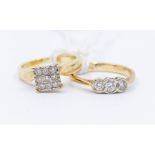 Two diamond set 9ct gold rings to include a diamond cluster, square grain set diamond setting,