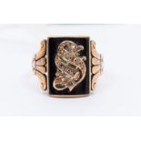 A Victorian gents 9ct rose gold and diamond initial ring, comprising a rectangular onyx top overlaid