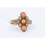 A Victorian opal and coral 9ct gold cluster ring, with a vertical row of cabochon cut coral with