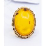 An amber and 9ct gold dress ring, oval amber within a decorative rope border, setting approx 20 x