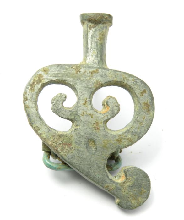 Roman trumpet style plate brooch, tinned on the front face. 40mm x 28mm, 14.4g. - Image 2 of 4