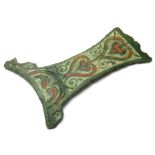 Roman enamelled bronze patera handle.  Circa 1st-2nd century AD. Copper-alloy, 105mm x 68mm, 63.