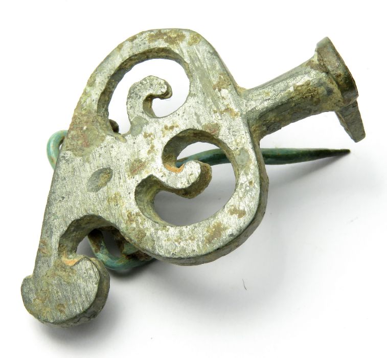 Roman trumpet style plate brooch, tinned on the front face. 40mm x 28mm, 14.4g.