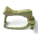Roman Brooch.  Circa 2nd century AD. Copper-alloy, 9.91 g, 31.23 mm. A Knee type brooch complete