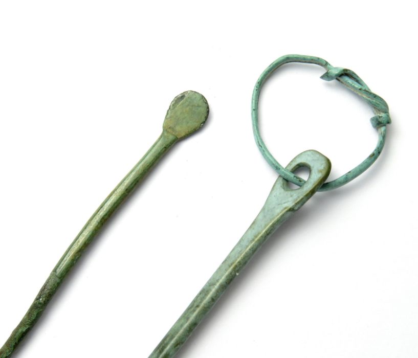 Roman Cosmetic Implements.  Circa, 1st-2nd century AD. Copper-alloy, 108mm & 118mm. A pair of - Image 2 of 3